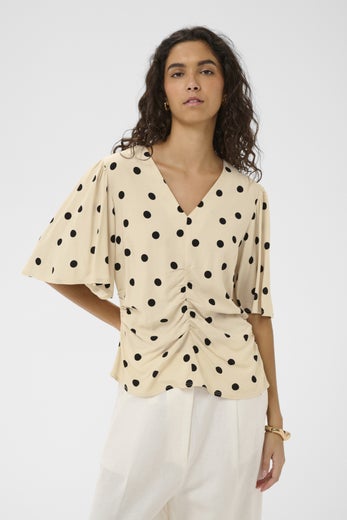 Soaked In Luxury SLArjana Ruching Blouse SS Naisten Pusero 30409284 305003/oatmeal with black dots