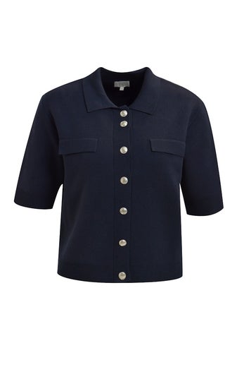 Milano Italy 1/2 Sleeve cardigan With Collar + Button Placket Naisten Lyhythihainen Neuletakki 61 5048 9850 1605/Navy