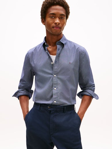 Tommy Hilfiger Flex Poplin Micro RF Print Shirt Miesten Paita MW0MW40455 0gz/preppy navy/allover