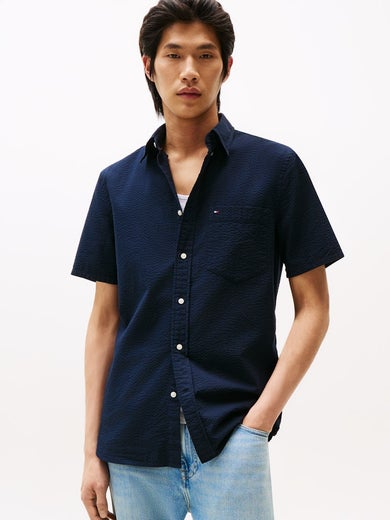 Tommy Hilfiger Seersucker Solid SS Regular Fit Shirt Miesten Paita MW0MW38570 dw5/desert sky
